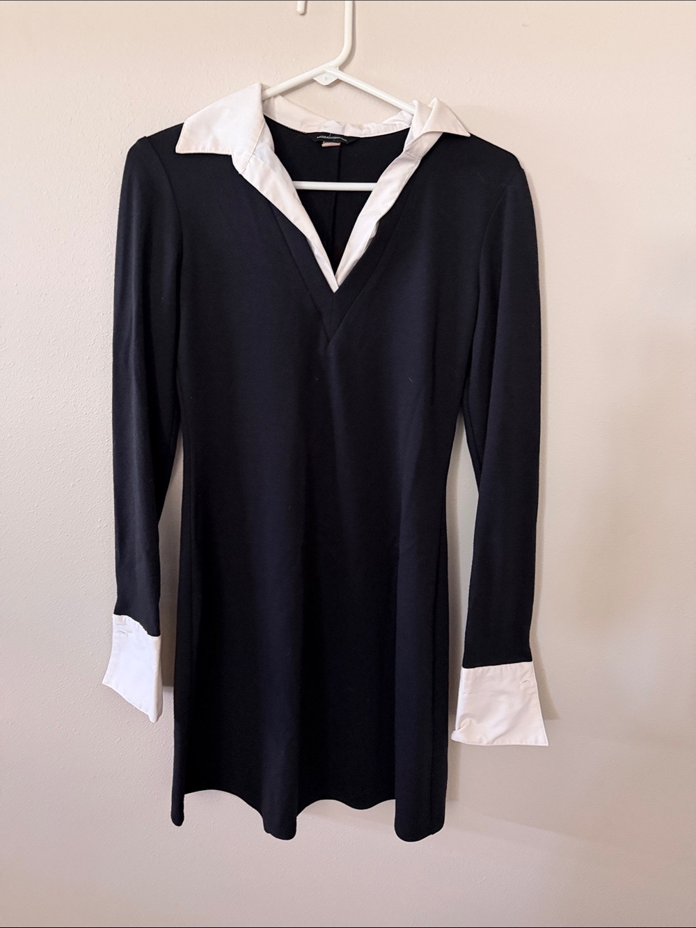 Moda International Black Long-Sleeve Dress with White Collar & Cuffs